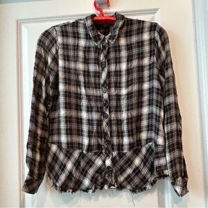 Democracy Plaid Button Up Blouse Sz M Peplum Frayed Hem Silver Threads